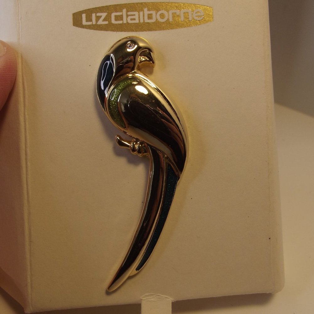 Vintage Liz Claiborne Parrot Brooch New on Card Enamel & Gold Tone